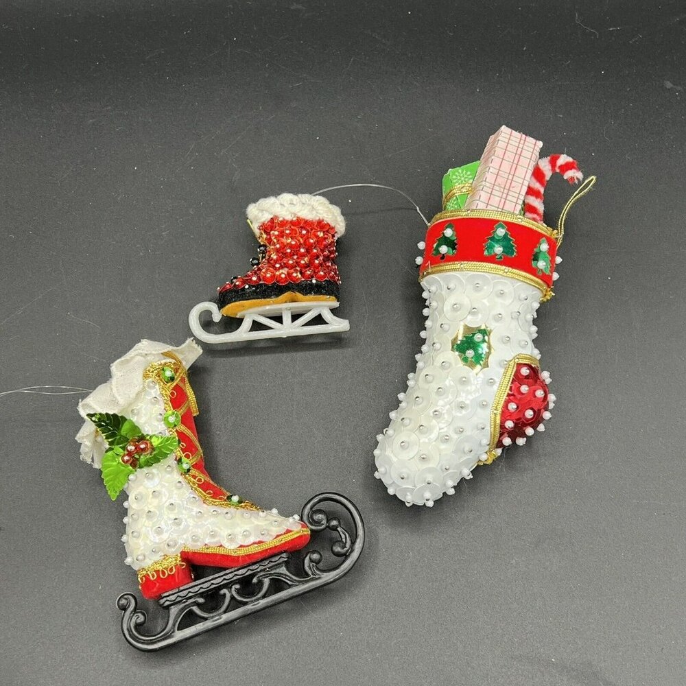 Christmas Push Pin Ornament Satin Sequin Bead Ice Skate Stockin Handmade VTG SET